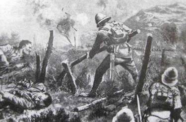 An artist's sketch of William Cosgrove's heroic  removal of the barbed wire stanchions whilst under fire.