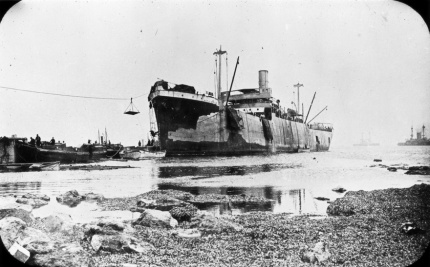 The converted collier River Clyde beached too far from the shore making a rapid advance on the beach impossible. Hundreds of men were cut down as they disembarked at V Beach.