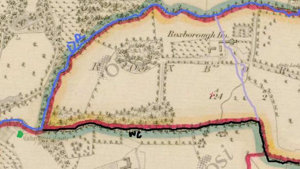 Abbot Robert of Chore was charged with diverting a watercourse between Dunarlyn and Cahermone in 1307.  The map shows the townland divisions marked in red - Cahermone is at the bottom with the later castle picked out in green.  The civil parish boundary as a broad blue line.  This boundary between Midleton and Inchinabecky parishes follows the broad blue line in a loop from top right almost to bottom left and turns sharply to the right again. The overlaid blue line from top left to bottom left shows the course of the  Dungourney River which flows into Midleton.  The parish boundary is also marked by the overlaid black line at the bottom - which follows the watercourse that Robert tried to divert. The grey line going from south to north is my suggested route of the abbot's attempted  diversion - cutting off a chunk of Roxborough townland - then called Dunarlyn.  A real land grab, medieval style.