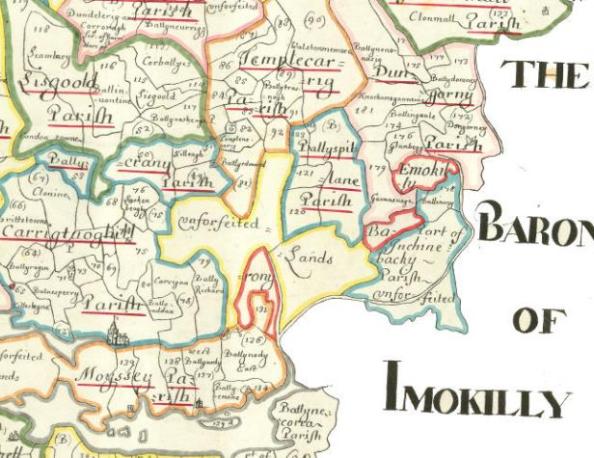 Part of the Down Survey map of Barrymore with the former monastic lands of Corabbey shown as a yellow area marked 'Unforfeited Land.' Parts of Mogeesha, as well as Templenacarriga, Ballyspillane, Dungourney, and other areas were given to St John Brodrick by 1653.