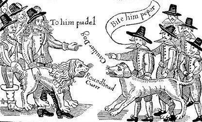 A woodcut describing the enmity between the Royalists (Cavaliers) and Parliamentarians (Roundheads) during the English Civil War - but it could equally well express the sentiments of the Catholics vs. Protestants and Scots Presbyterians vs. English Episcopalians.