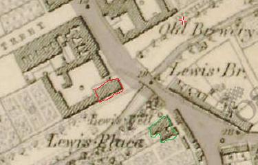 First edition Ordnance Survey map of Midleton showing Lewis Place (outlined in green) on the south bank of the Roxborough or Dungourney River and the Coppinger residence (outlined in red) on the north bank at the end of the Main Street.