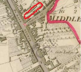 Midleton's 'lost' brewery (outlined in orange) was located between Main Street and Drury's Lane (now Drury's Avenue) but seems to have closed as a brewery before the first edition six inch Ordnance Survey map of the town was published.